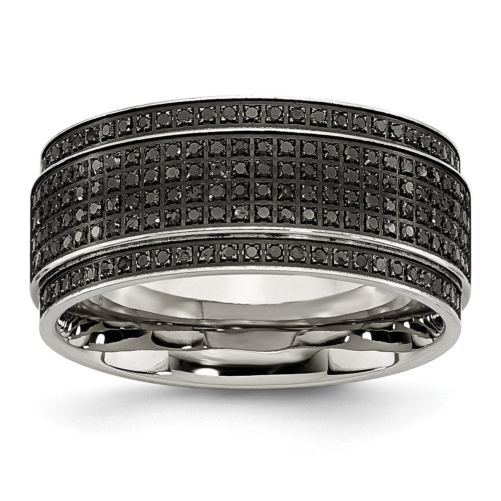 Stainless Steel Polished 1/2ct Black Diamond 10mm Ridged Edge Band Size - 11.5