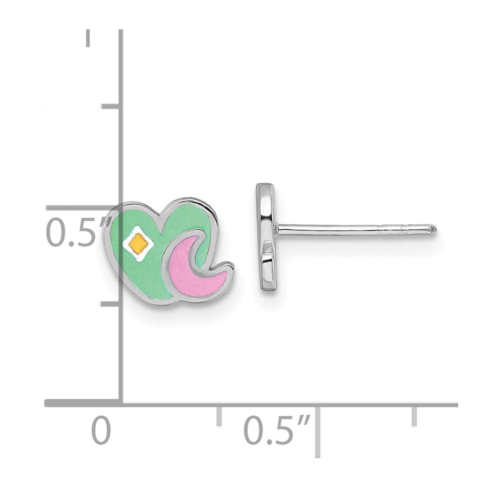 Sterling Silver Rhodium-plated Polished Green/Pink/Yellow Enamel Heart And Moon Childrens Post Earrings