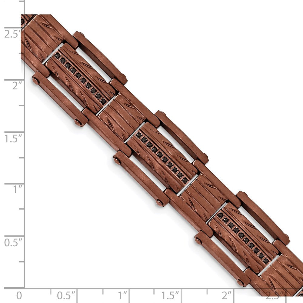 Stainless Steel Brushed and Textured Brown IP w/Black CZ 8.25in Bracelet 8.25 inches