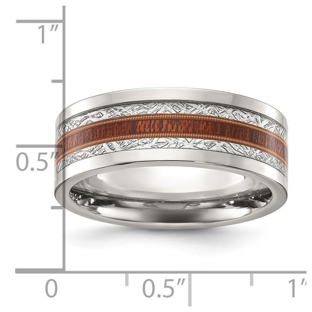 Chisel Stainless Steel Polished with Wood and Imitation Meteorite Inlay 8mm Band Size - 9.5