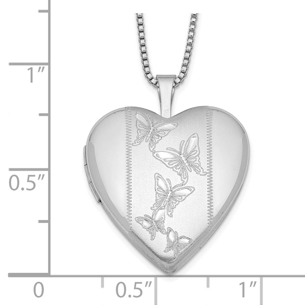 Sterling Silver Rhodium-plated 20mm Butterflies Heart Locket Necklace 18 Inches