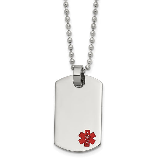 Stainless Steel Polished w/Red Enamel Medical ID 24in Necklace