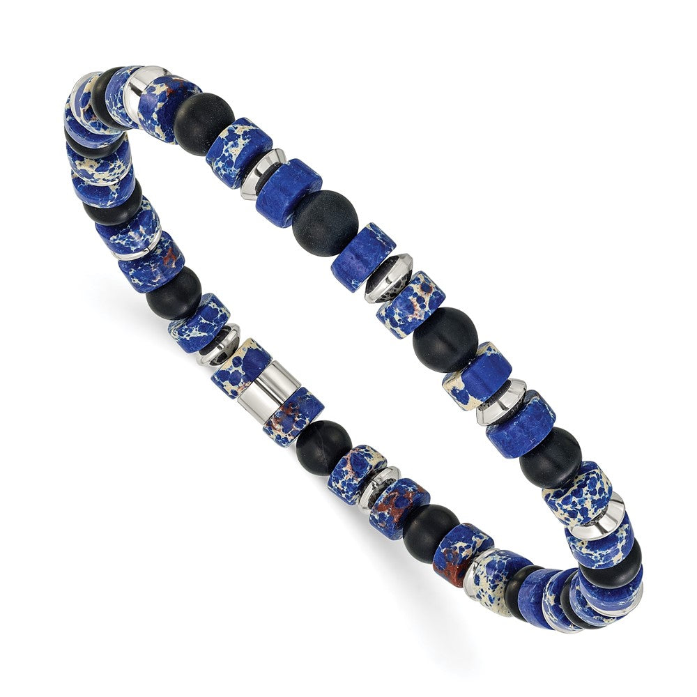 Chisel Stainless Steel Polished 6.40mm Blue Emperor and Black Onyx Beaded 7.5 inch Stretch Bracelet 7.25 inches