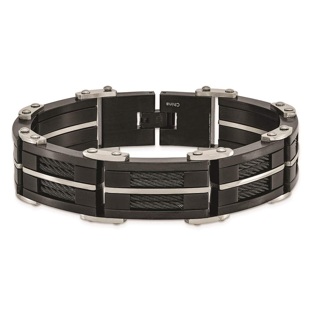Stainless Steel Brushed and Polished Black IP-plated Wire 8.75in Bracelet 8.75 inches