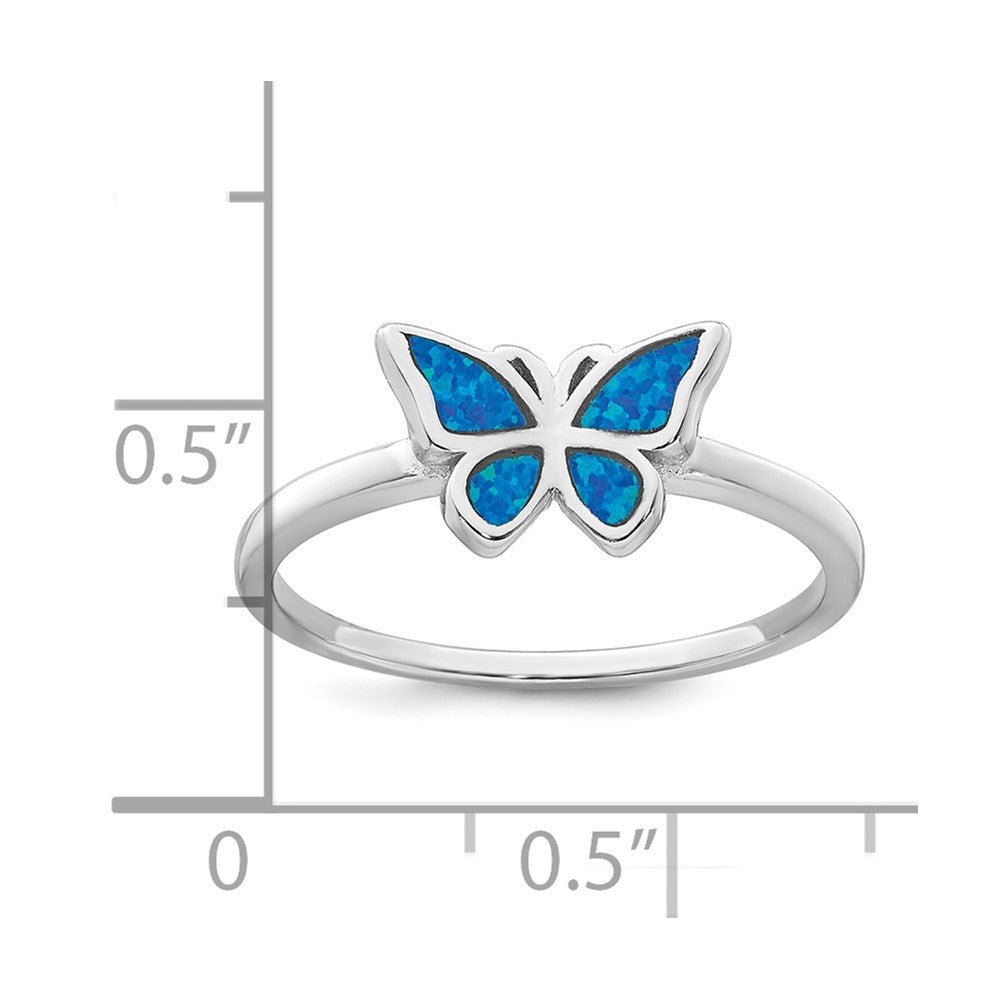 Sterling Silver Rhodium-plated Polished Blue Lab Created Opal Butterfly Size 8 Ring