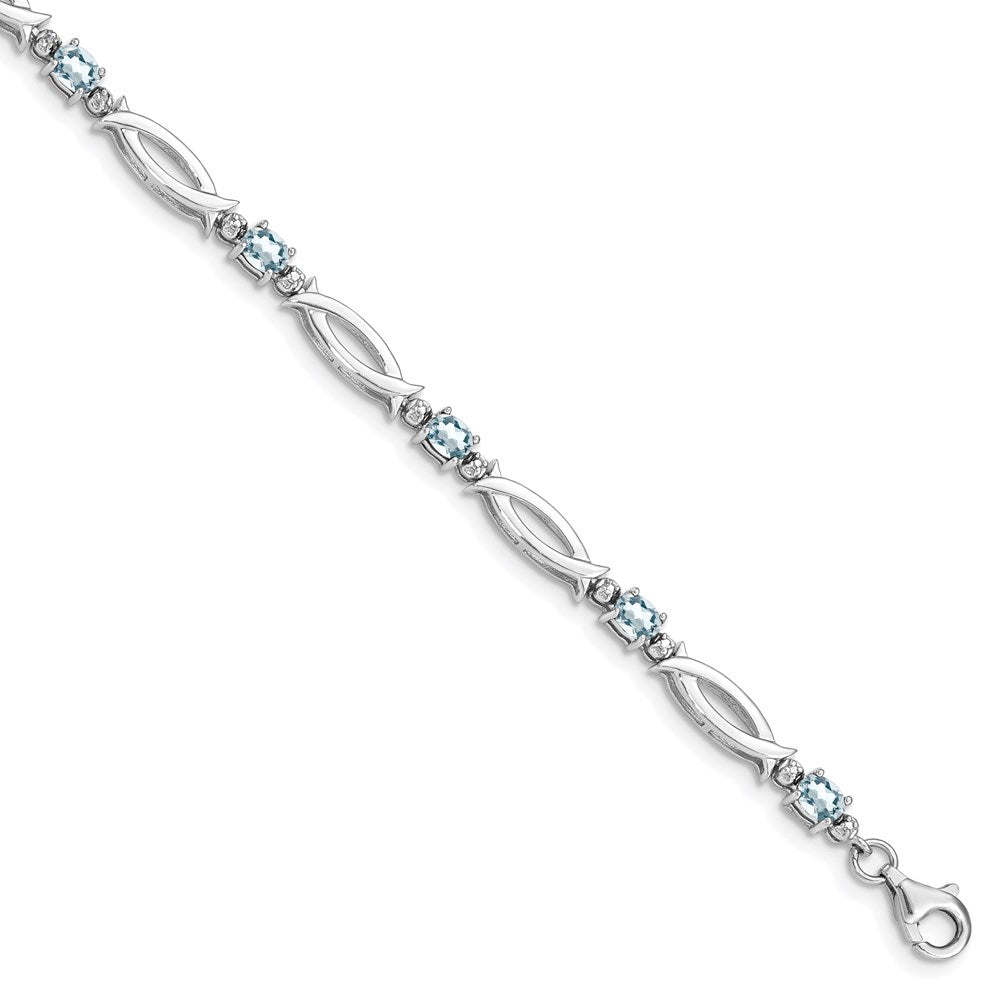 Sterling Silver Rhodium-plated Aquamarine and Diamond Bracelet 7 inches