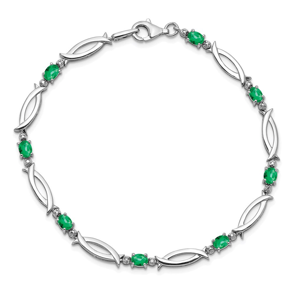 Sterling Silver Rhodium-plated Emerald and Diamond Bracelet 7 inches