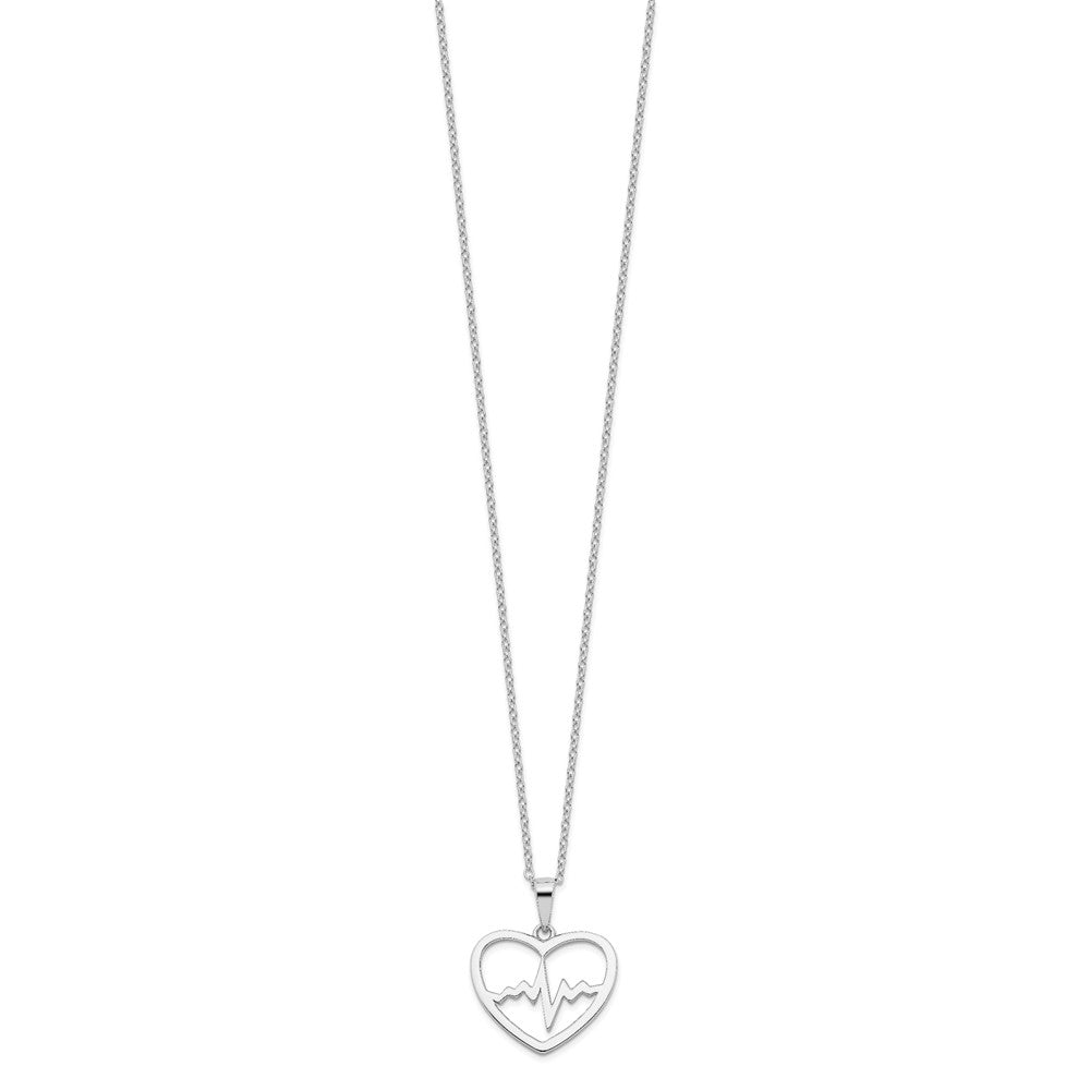 Sterling Silver Rhodium-plated Heartbeat in Heart 16in w/2in Ext Necklace 16 Inches