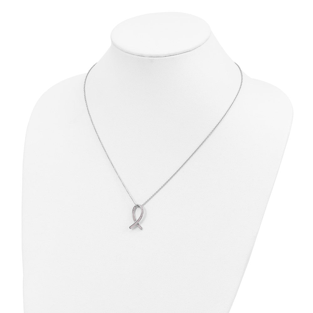 Brilliant Embers Sterling Silver Rhodium-plated 38 Stone 18 inch Micro Pav‚ Pink CZ Awareness Ribbon Necklace with 2 Inch Extender 18 Inches