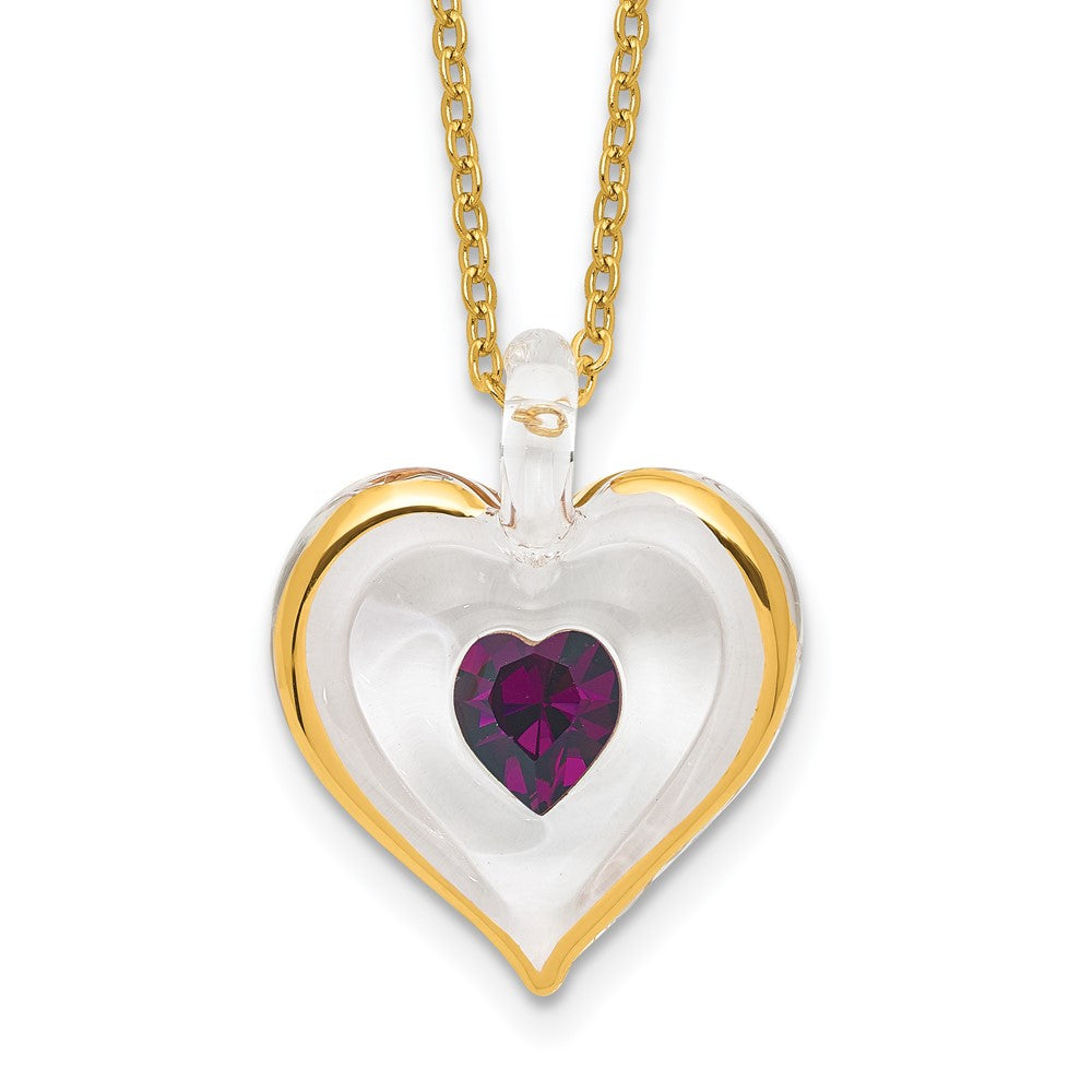Glass Baron 22K Accent Gilding Gold-trim Glass with Purple February Birthstone Crystal from Swarovski Heart 18 inch Gold-tone Necklace QGM9401