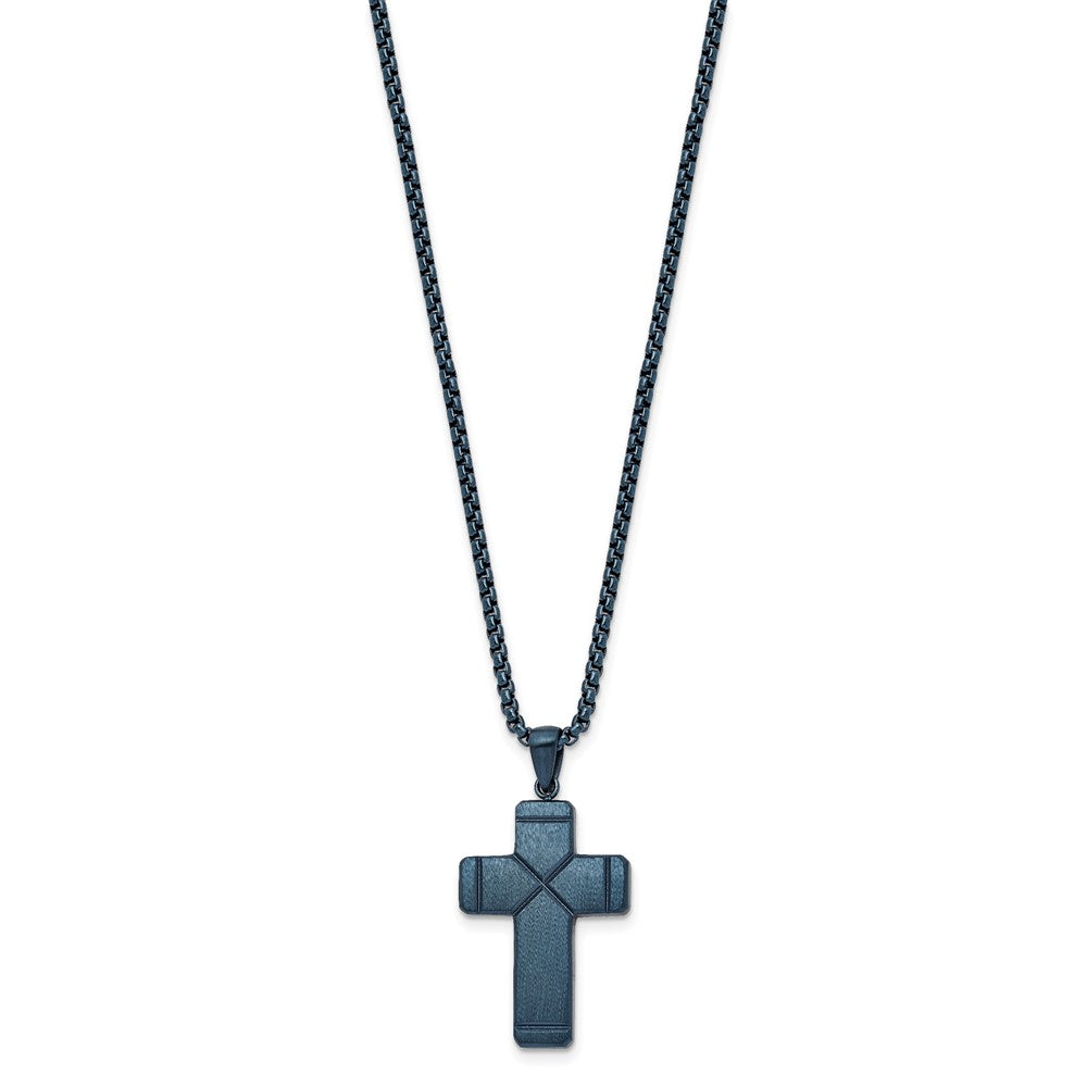 Stainless Steel Brushed and Polished Blue IP Plated Cross 19.75in Necklace