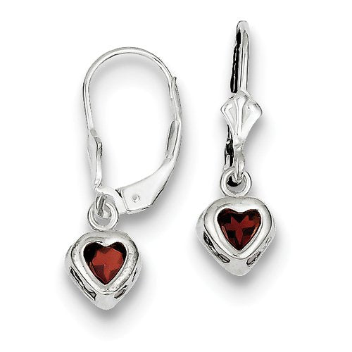 Sterling Silver Rhodium Plated 5mm Heart Garnet Leverback Earrings