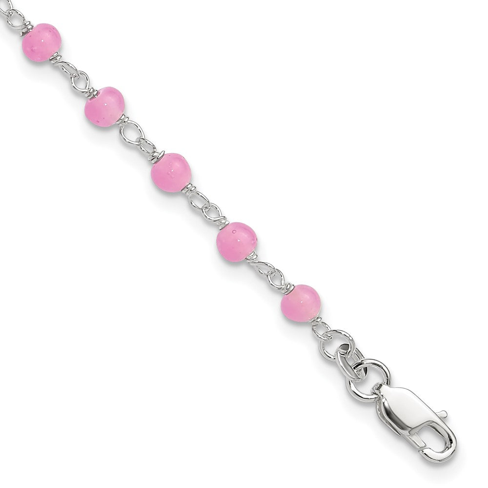 Sterling Silver Pink Glass Bead with Heart 8in Plus 1in ext Anklet 9 inches