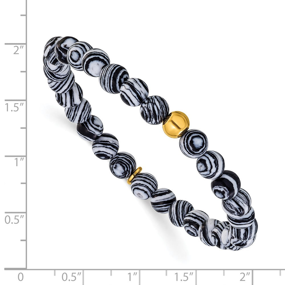 Chisel Stainless Steel Polished Yellow IP-plated 6mm Black Line Agate Beaded 6.25 inch Stretch Bracelet 6.25 inches