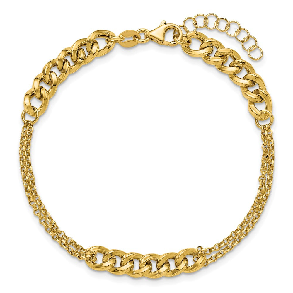 14K Polished/Dia-cut 2-Strand Fancy Link w/1in ext. Bracelet 8  inches