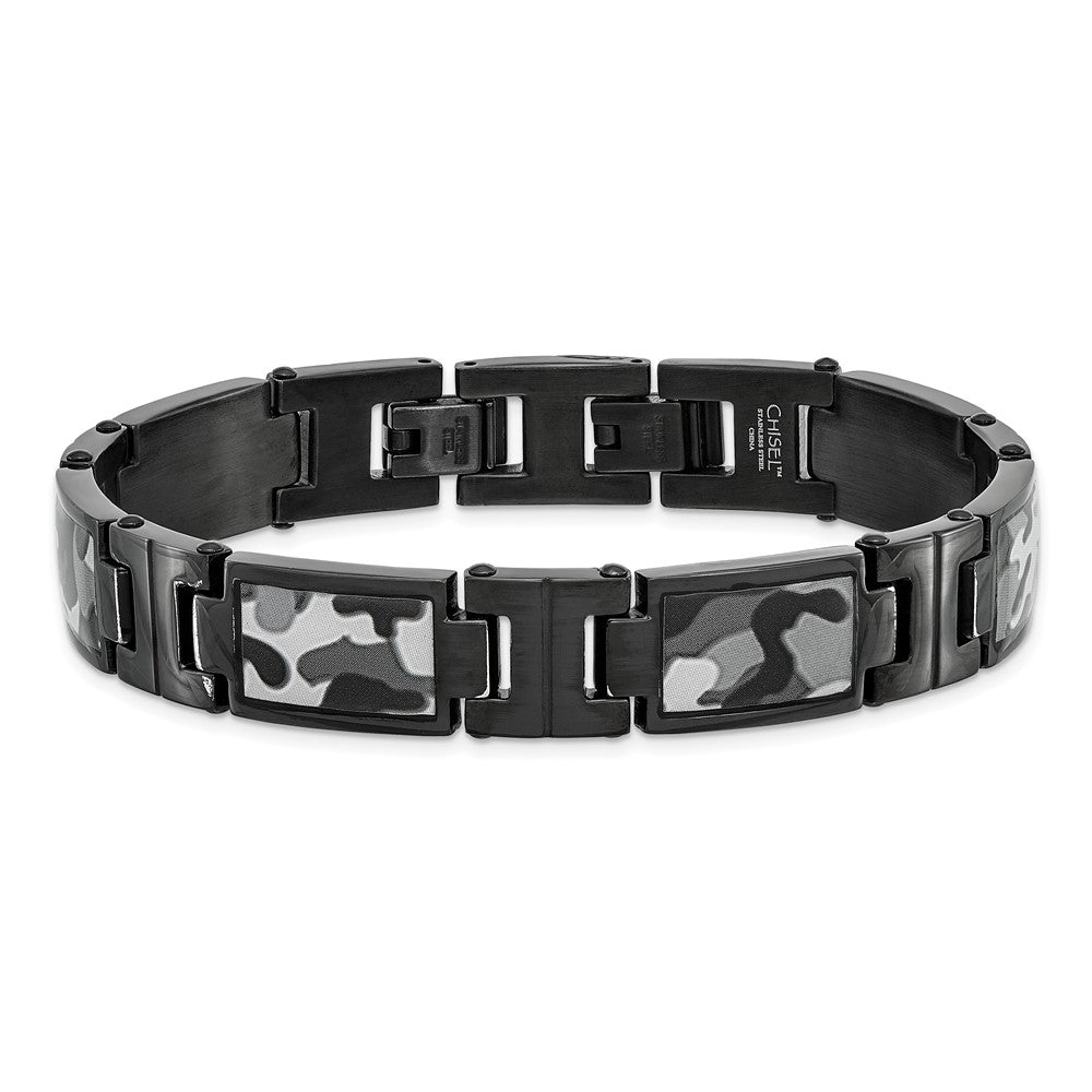 Stainless Steel Polished Black IP-plated Camo 8.5in Bracelet 8.5 inches