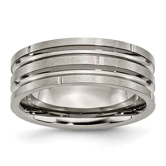 Titanium Polished/Satin 8mm Grooved & Notched Band Size - 7.5
