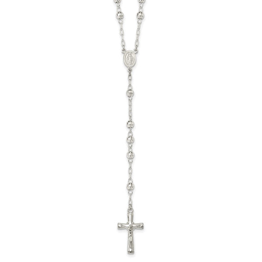 Sterling Silver Polished and Textured Bead Rosary 26 inch Necklace 26 Inches