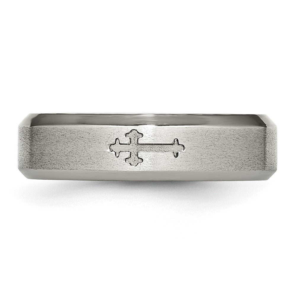 Titanium Brushed Center Cross Design 6mm Beveled Edge Band Size - 10