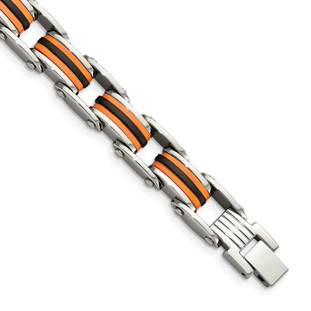 Stainless Steel 8.75in Polished with Polyurethane Black & Orange Bracelet 8.75 inches