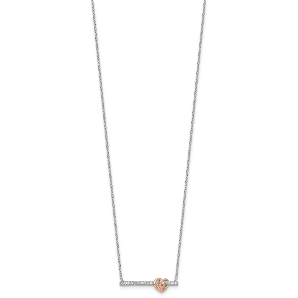 SS RH-pltd and Rose-tone CZ Heart Bar 16in w/2in Ext Necklace 16 Inches