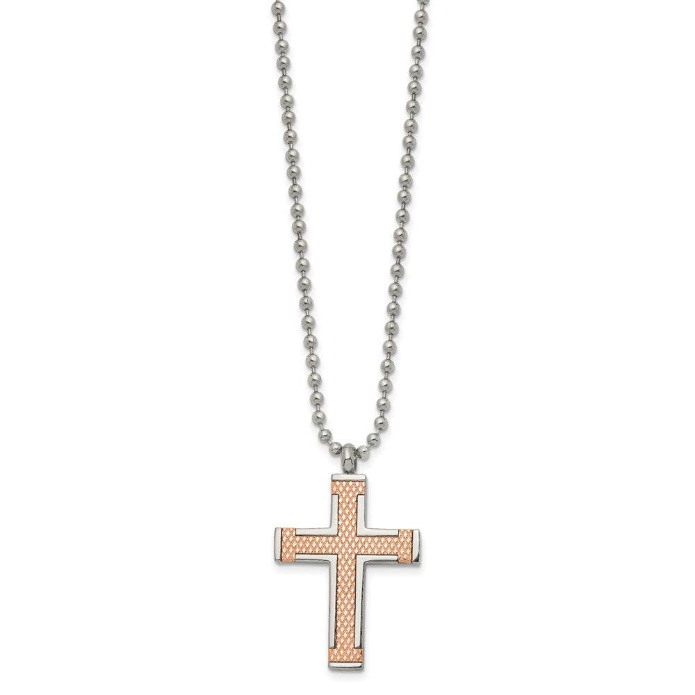 Titanium Polished Rose IP-plated Laser Cut Cross 22in Necklace
