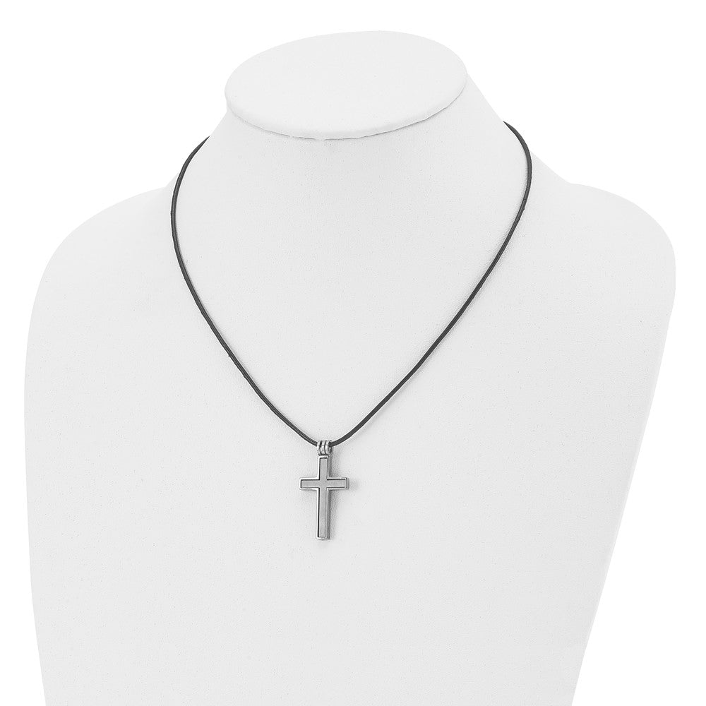 Titanium Leather Cord Cross 18in Necklace