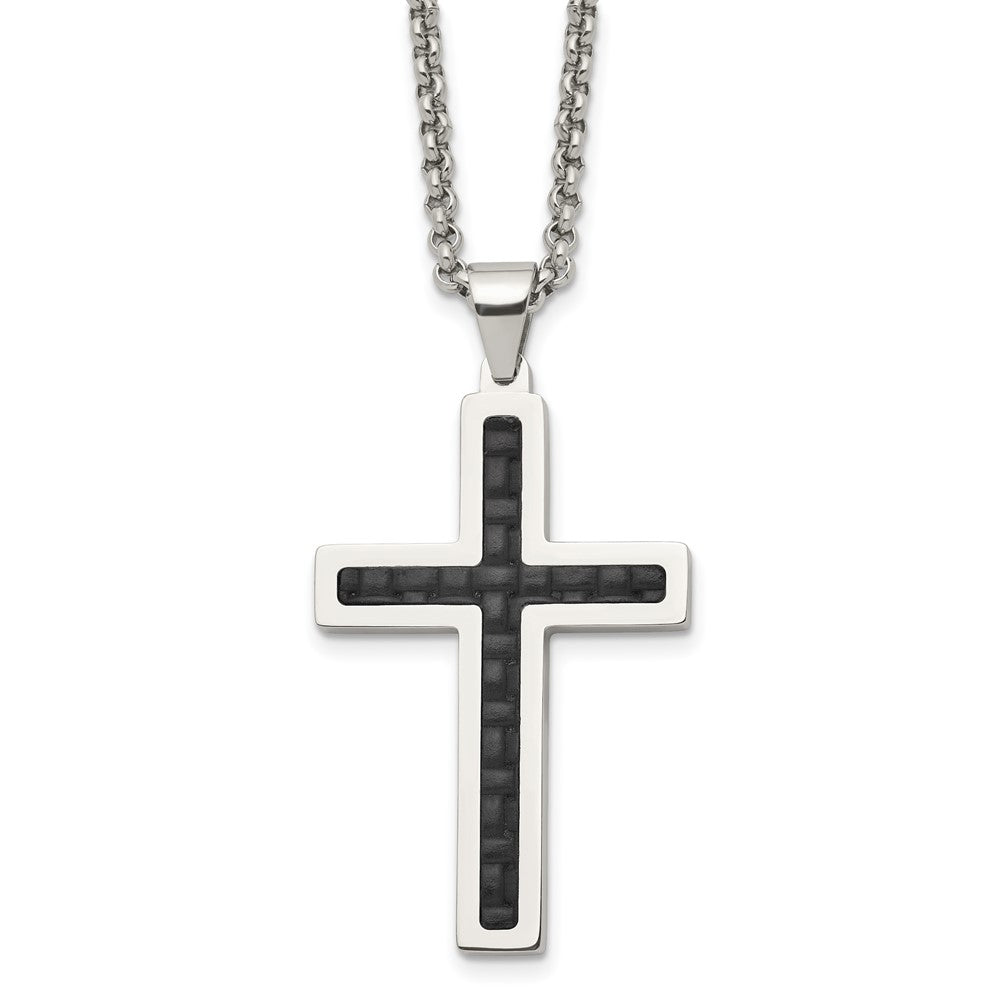 Stainless Steel Polished Black Genuine Leather Inlay Cross 20in Necklace