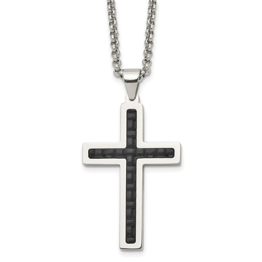 Stainless Steel Polished Black Genuine Leather Inlay Cross 20in Necklace