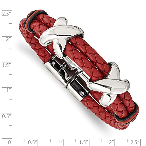 Stainless Steel Polished Red Leather and Rubber 8in Bracelet 8 inches