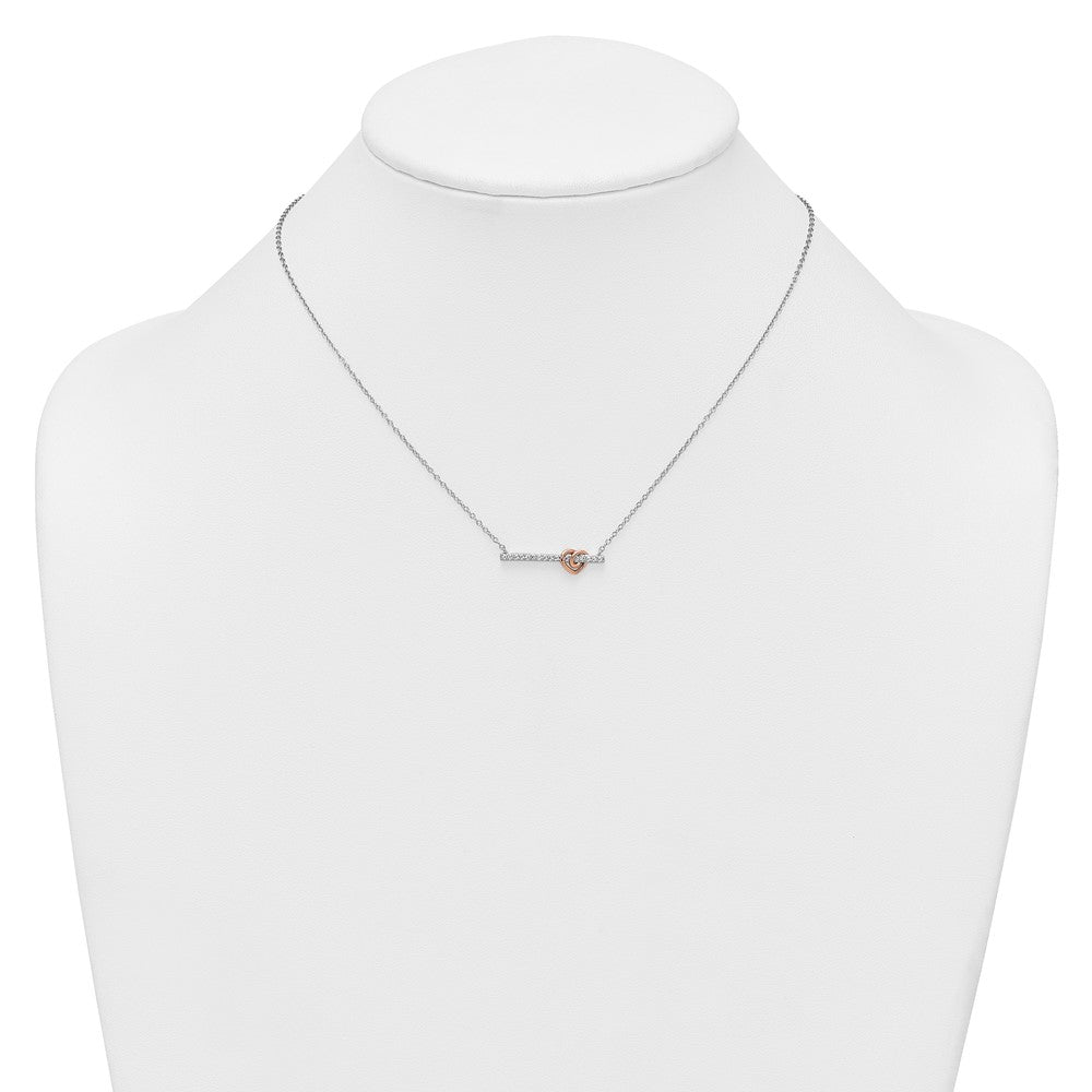 SS RH-pltd and Rose-tone CZ Heart Bar 16in w/2in Ext Necklace 16 Inches