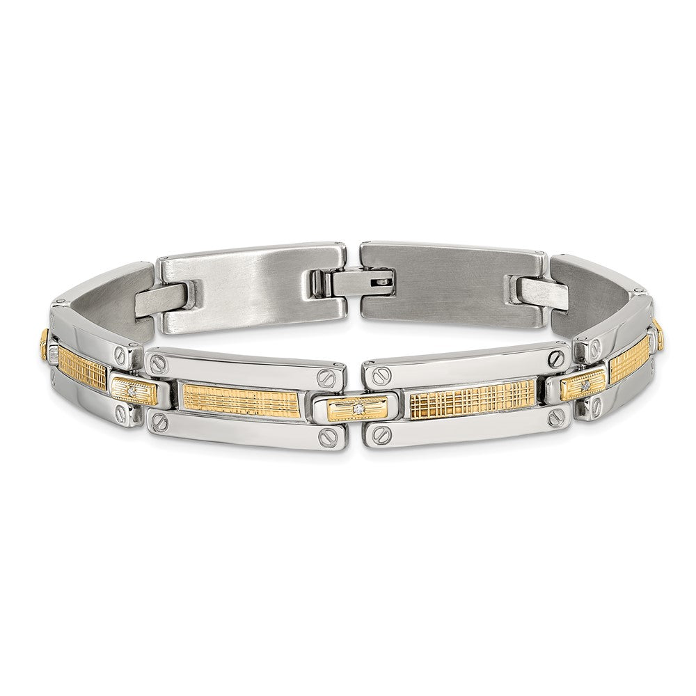 Chisel Stainless Steel Polished with 14K Accent Basket Weave and 1/15ct. Diamond 8.5 inch Bracelet 8.5 inches