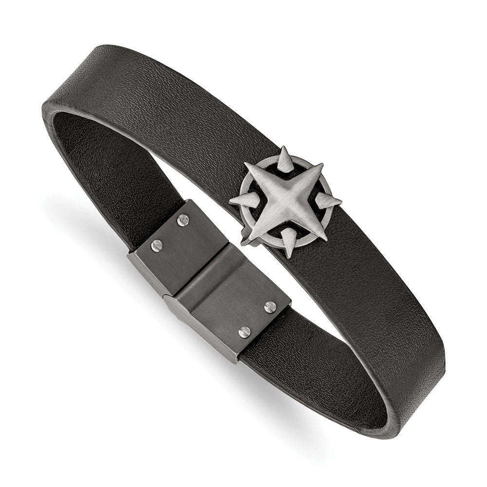 Stainless Steel Brushed Antiqued White Bronze Leather Compass Bracelet 8.25 inches