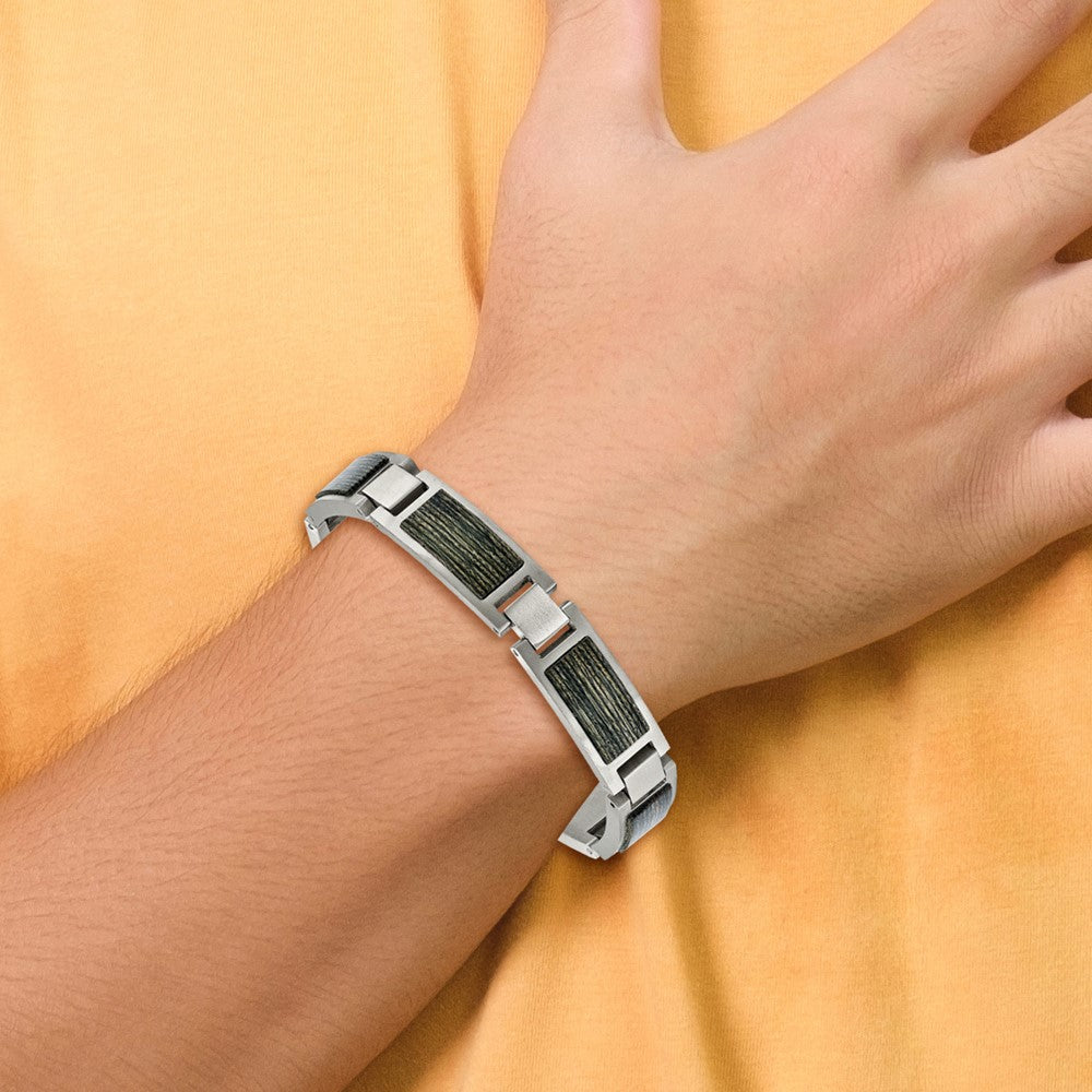Stainless Steel Brushed with Grey Wood Inlay 8.75in Bracelet 8.75 inches