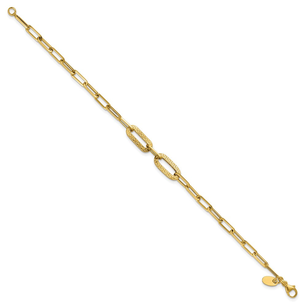 14K Polished Textured Greek Key Paperclip Link Bracelet 7.5  inches