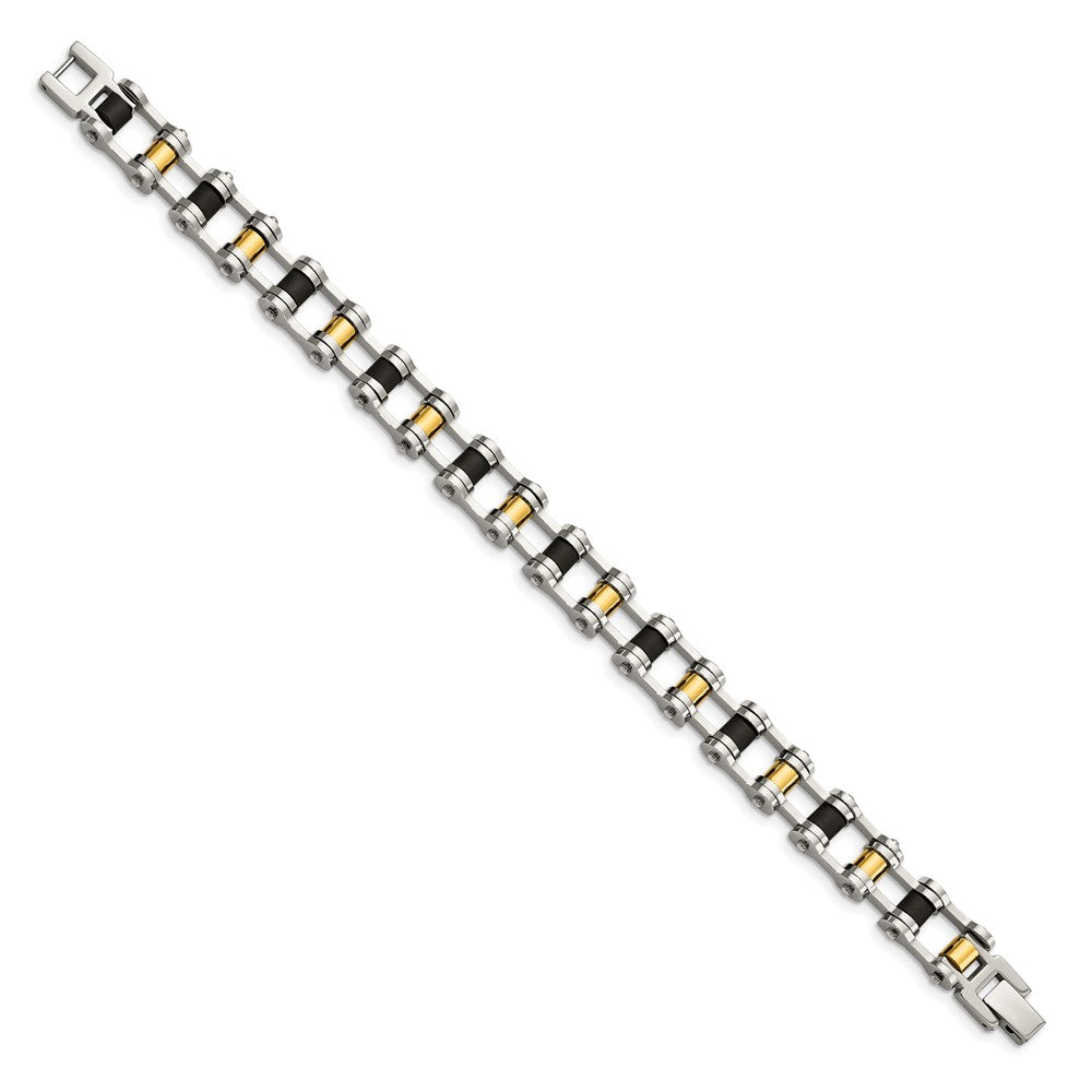 Stainless Steel 8.75in Polished Yellow IP-plated w/Black Rubber Bracelet 8.75 inches
