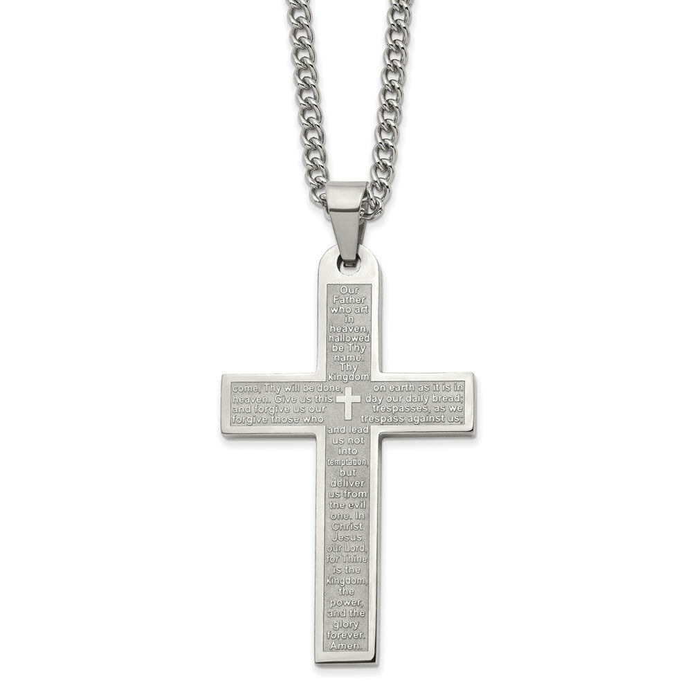 Stainless Steel Polished Lord's Prayer Cross 24-in
