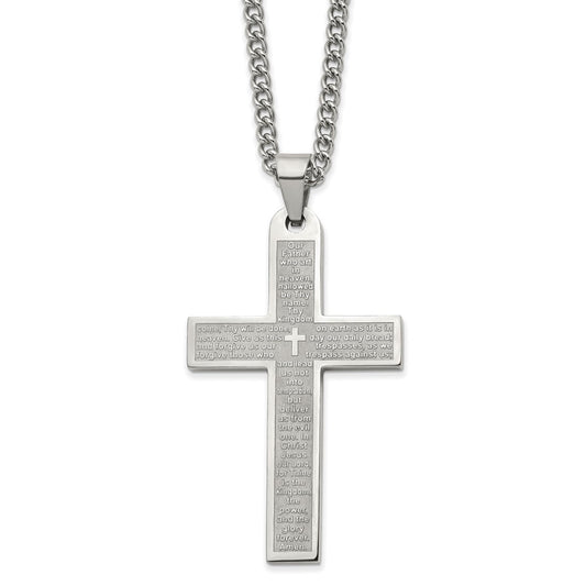 Stainless Steel Polished Lord's Prayer Cross 24-in