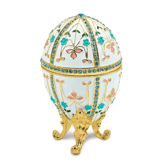 Luxury Giftware by Jere Bejeweled SPRING FLING White Floral Egg Trinket Box with Ring Insert and Matching 18 inch Necklace