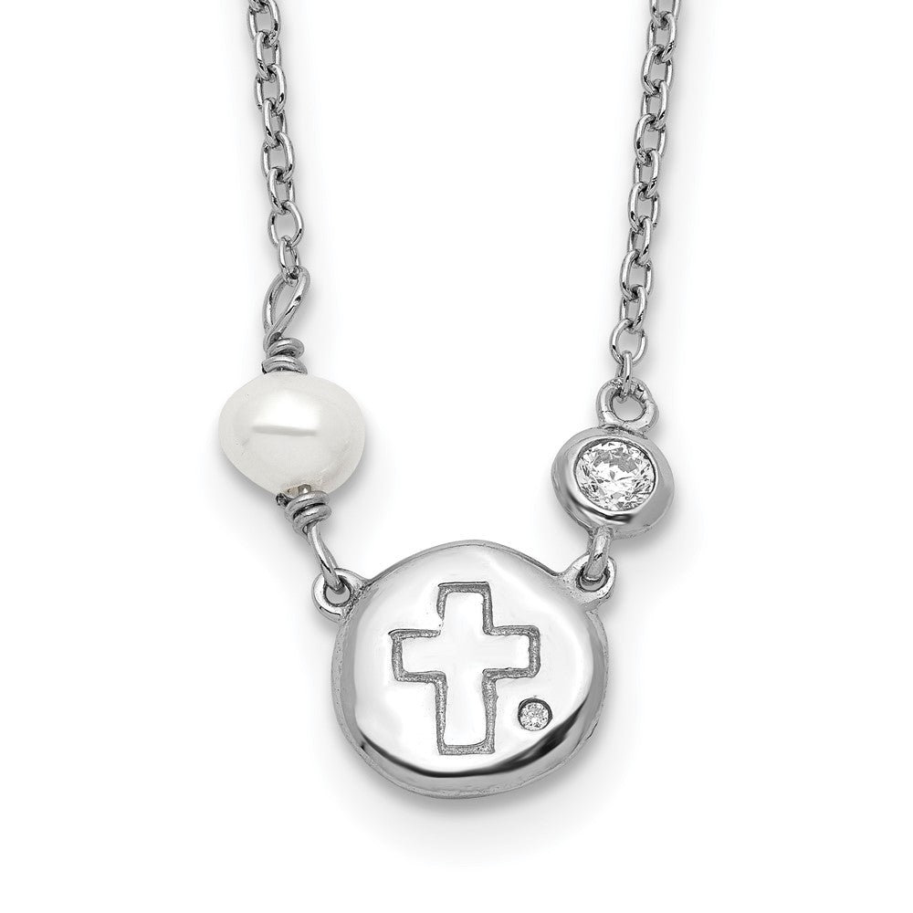 Sterling Silver RH-plated CZ/Cross/FWC Pearl w/2in ext Necklace 16 Inches
