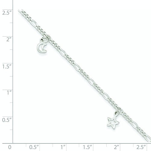 Sterling Silver Polished Star and Moon 9in Plus 1in Ext. Anklet 9 inches