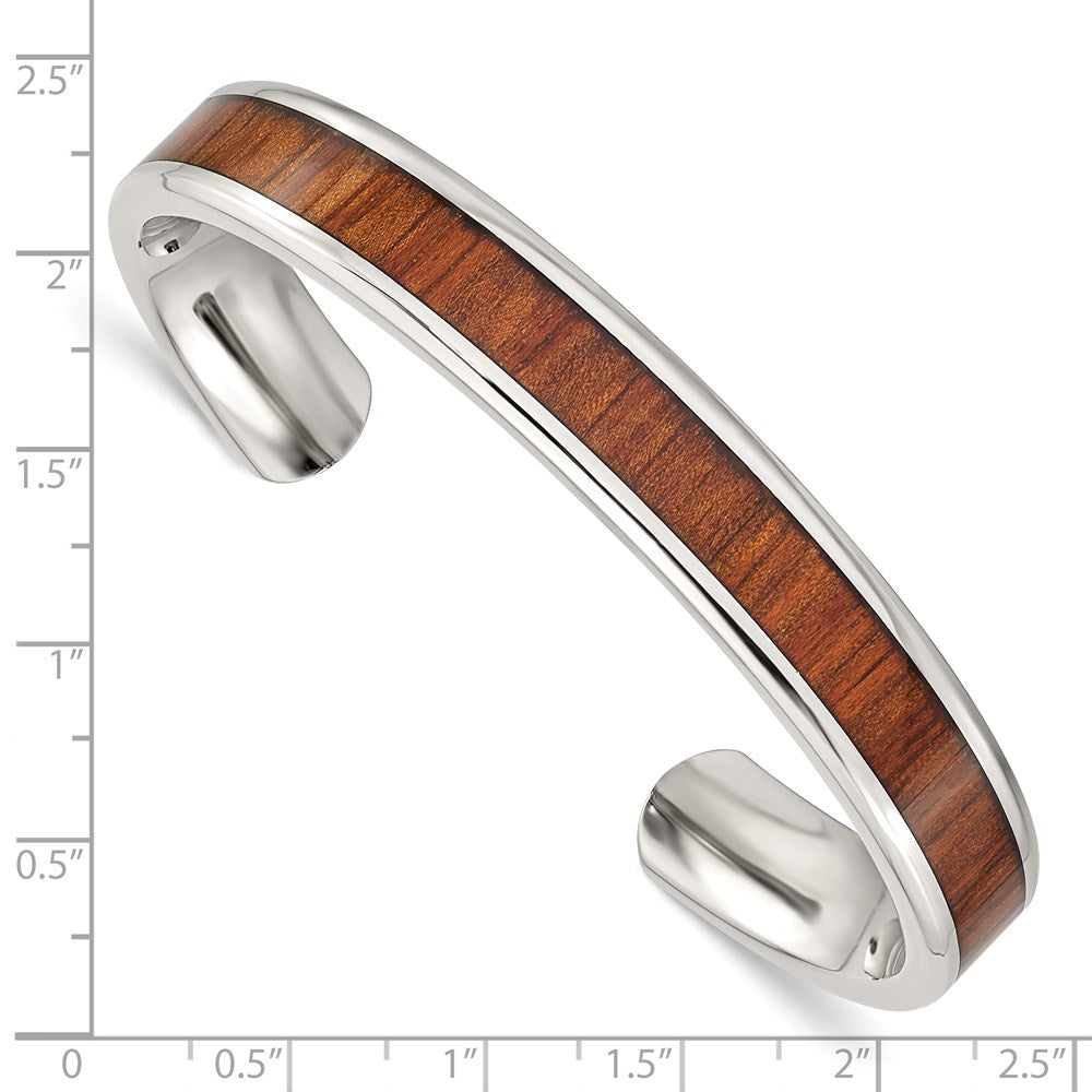 Stainless Steel Polished w/Red/Orange Koa Wood Inlay Bangle 7 inches