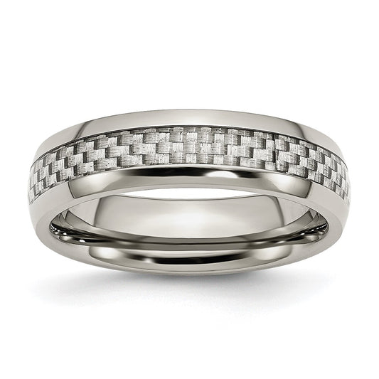 Stainless Steel Polished w/ Grey Carbon Fiber Inlay 6mm Band Size - 7.5
