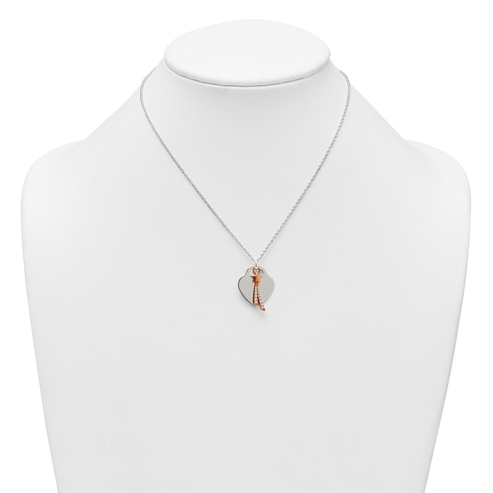 Sterling Silver Rose-tone Polished CZ Shooting Star and Heart Necklace 16 Inches