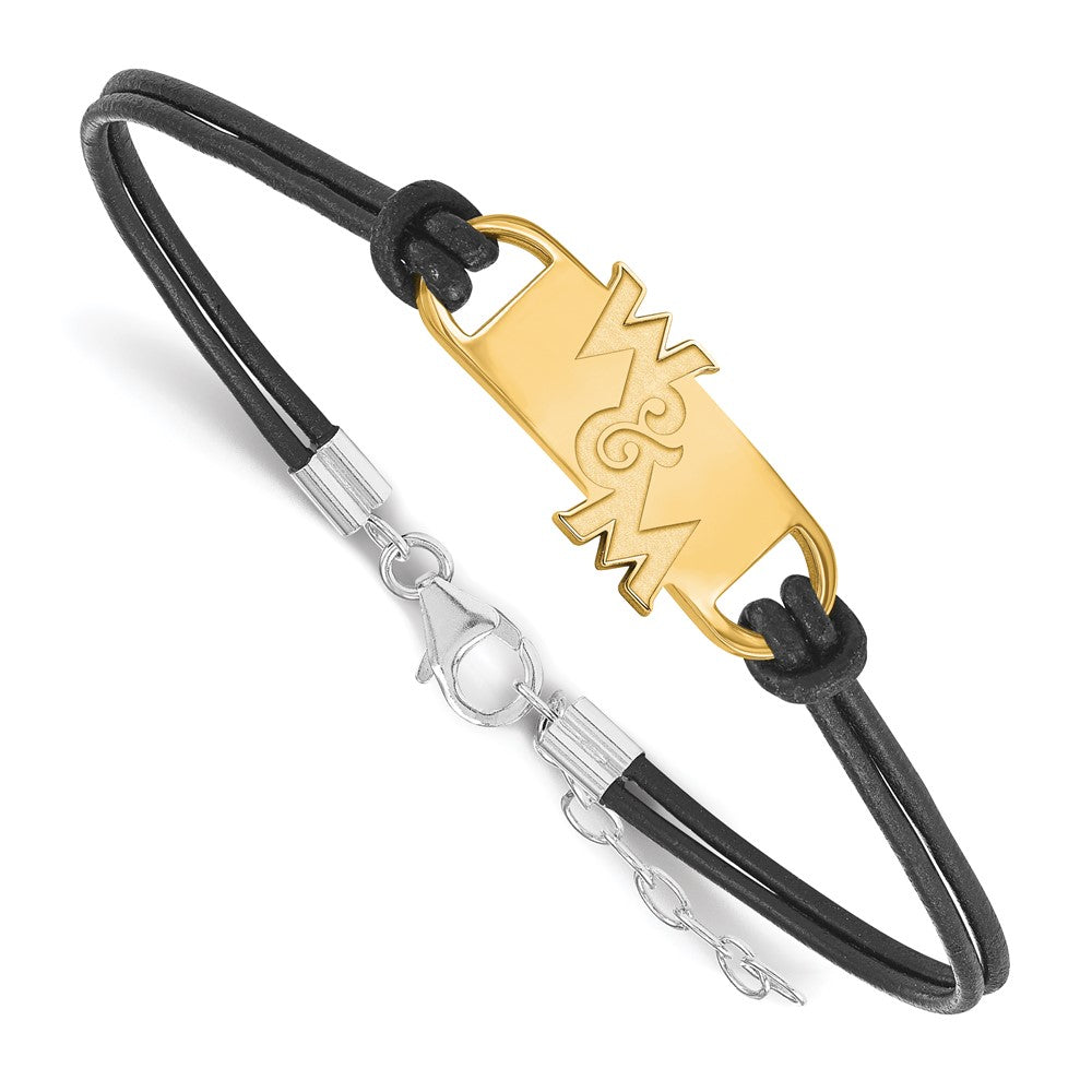 Sterling Silver Gold-plated LogoArt College of William and Mary Black Leather 7 inch Bracelet with Extender