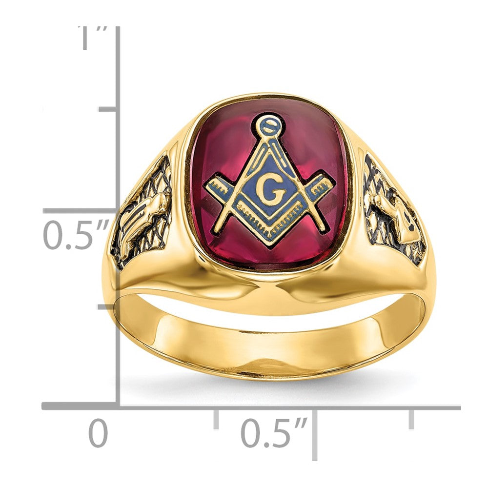 10k Men's Polished and Textured with Black Enamel and Lab Created Ruby Masonic Ring