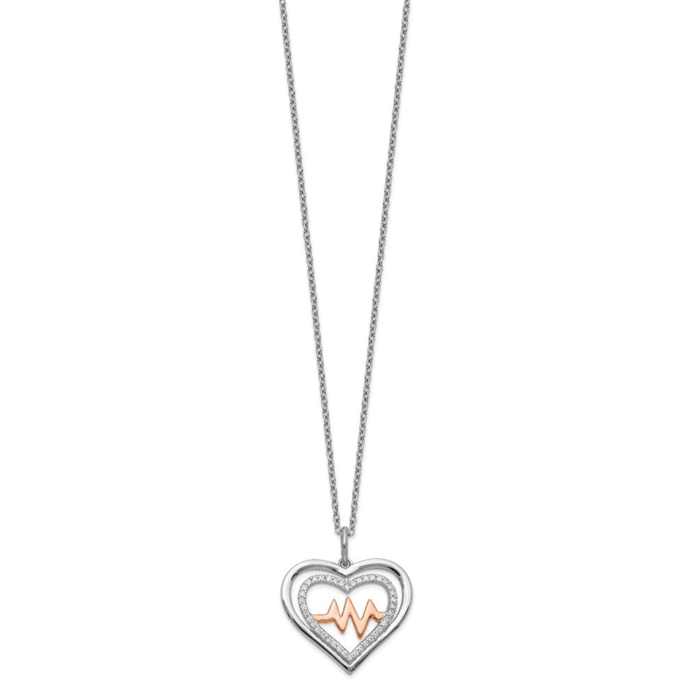 Sterling Silver RH-plated Rose-tone CZ Heartbeat w/2in ext Necklace 16 Inches