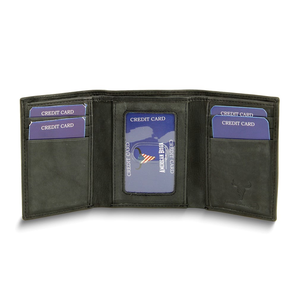 Black Calf Skin Leather RFID Blocking 6-Slot Trifold Wallet with ID Window