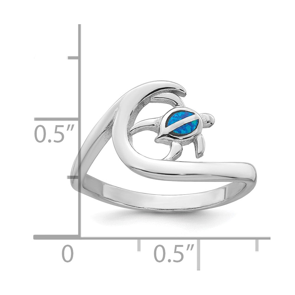 Sterling Silver Rhodium-plated Polished Blue Lab Created Opal Turtle on Wave Size 8 Ring