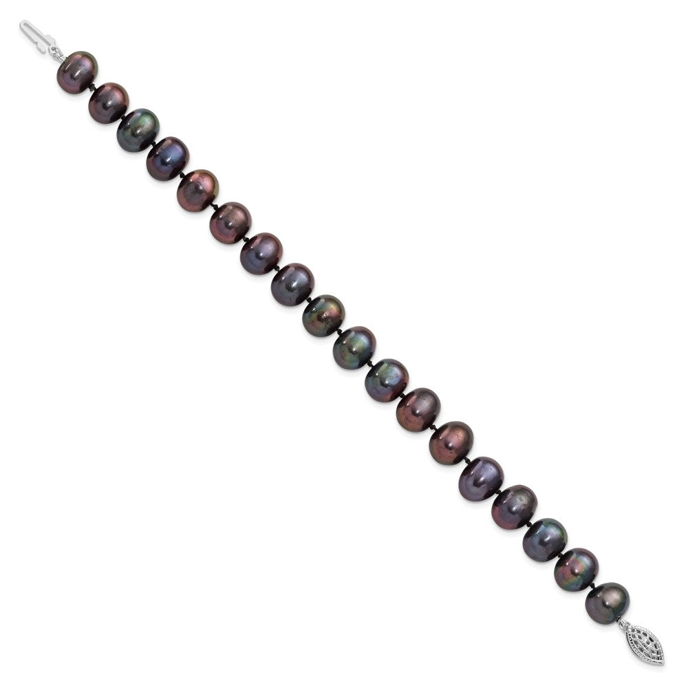 Sterling Silver Rhodium-plated 9-10mm Black Near-Round Freshwater Cultured Pearl 7.25 inch  Bracelet 7.25 inches